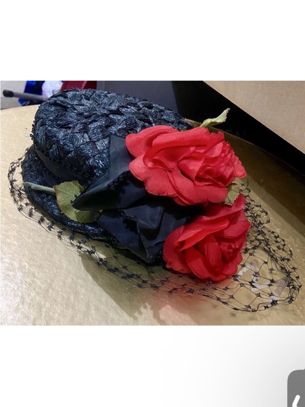 1950s Black Straw Pillbox Hat with Red Rose Accents